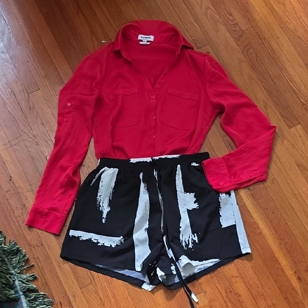 Express Red Button-Up Shirt with Black & White Brushstroke Shorts Outfit Bundle